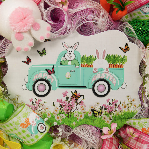 Easter wreath, bunny, pickup, truck, wreath, floral, front door, door hanger, Easter eggs, spring 24". W20307A