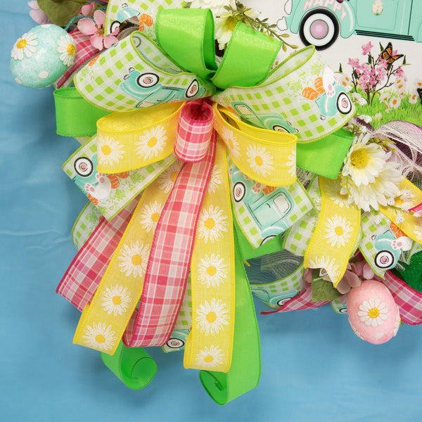 Easter wreath, bunny, pickup, truck, wreath, floral, front door, door hanger, Easter eggs, spring 24". W20307A