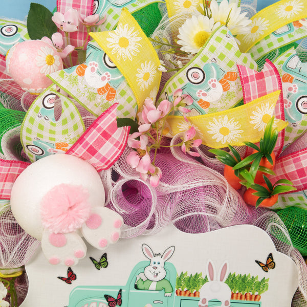 Easter wreath, bunny, pickup, truck, wreath, floral, front door, door hanger, Easter eggs, spring 24". W20307A