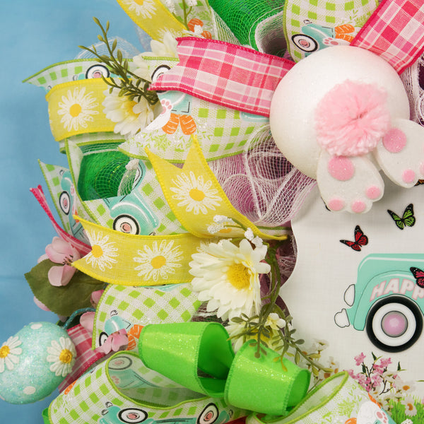 Easter wreath, bunny, pickup, truck, wreath, floral, front door, door hanger, Easter eggs, spring 24". W20307A