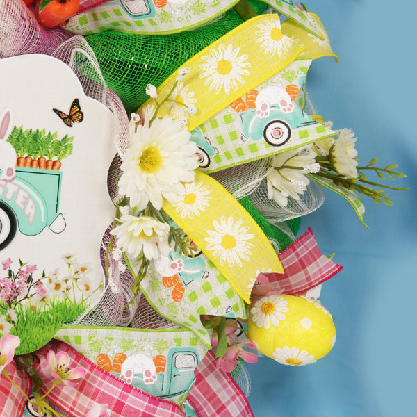 Easter wreath, bunny, pickup, truck, wreath, floral, front door, door hanger, Easter eggs, spring 24". W20307A