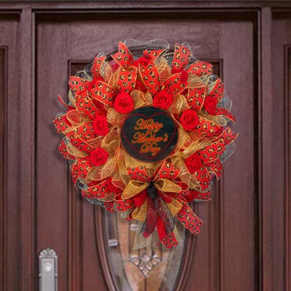 Mother's day wreath, floral wreath, roses, love, leopard print, front door wreath, door hanger, holiday decor, large, 27". W120417B