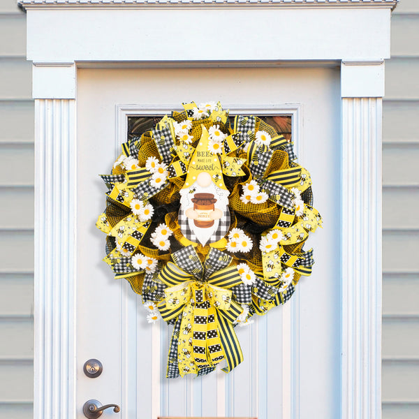 Farmhouse wreath, gnome wreath, everyday wreath, bees, floral wreath, front door wreath, door hanger 25"   W20521A