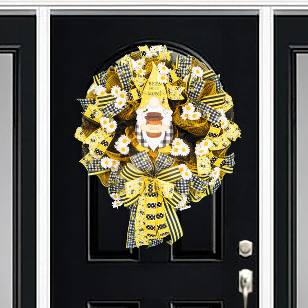 Farmhouse wreath, gnome wreath, everyday wreath, bees, floral wreath, front door wreath, door hanger 25"   W20521A