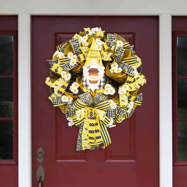 Farmhouse wreath, gnome wreath, everyday wreath, bees, floral wreath, front door wreath, door hanger 25"   W20521A