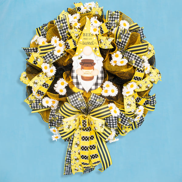 Farmhouse wreath, gnome wreath, everyday wreath, bees, floral wreath, front door wreath, door hanger 25"   W20521A