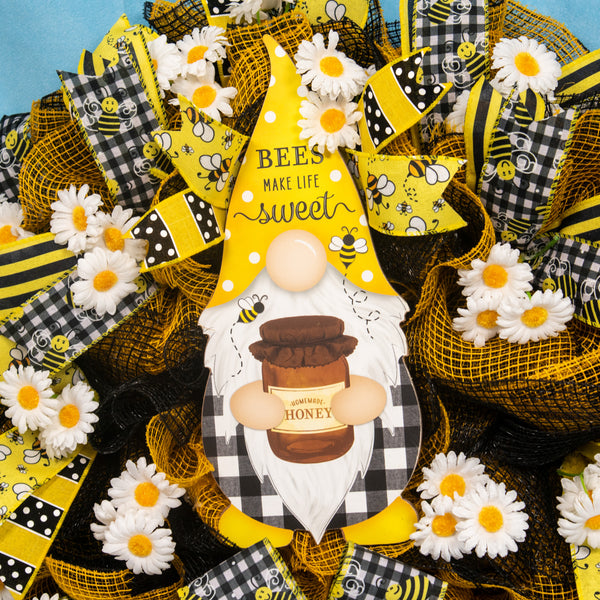 Farmhouse wreath, gnome wreath, everyday wreath, bees, floral wreath, front door wreath, door hanger 25"   W20521A