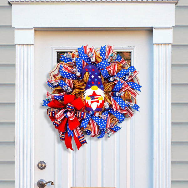 4th of July wreath, patriotic wreath, gnome wreath, independence day, USA, whimsical, red, white, blue 24" W20604A