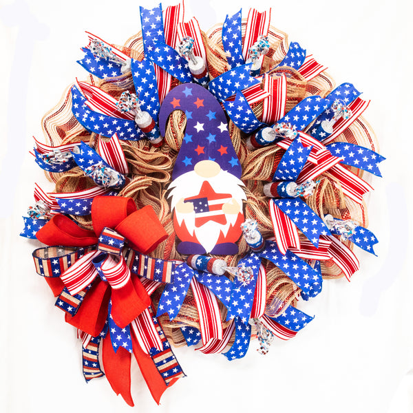 4th of July wreath, patriotic wreath, gnome wreath, independence day, USA, whimsical, red, white, blue 24" W20604A