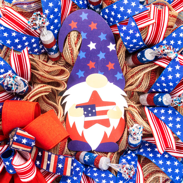 4th of July wreath, patriotic wreath, gnome wreath, independence day, USA, whimsical, red, white, blue 24" W20604A