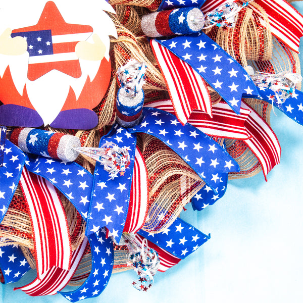 4th of July wreath, patriotic wreath, gnome wreath, independence day, USA, whimsical, red, white, blue 24" W20604A