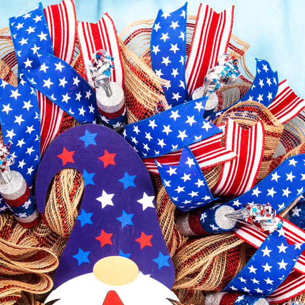 4th of July wreath, patriotic wreath, gnome wreath, independence day, USA, whimsical, red, white, blue 24" W20604A