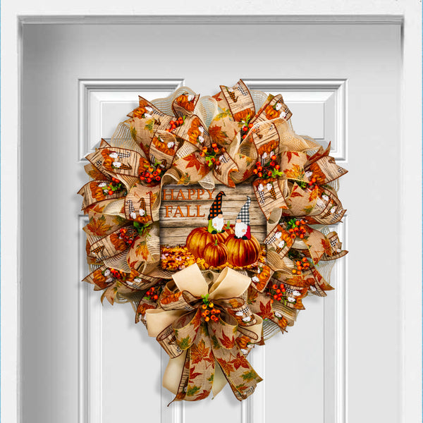 Gnome wreath, pumpkin wreath, floral wreath, fall/autumn wreath, front door wreath, door hanger 26" W20811A