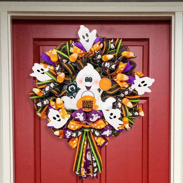 Halloween wreath, ghost wreath, lighted wreath, trick or treat, front door wreath, door, hanger. W21014A