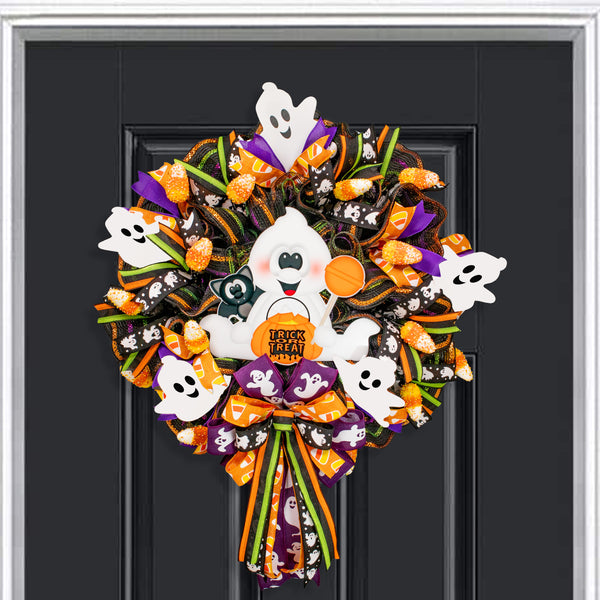 Halloween wreath, ghost wreath, lighted wreath, trick or treat, front door wreath, door, hanger. W21014A