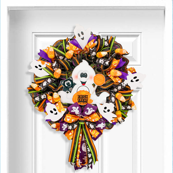 Halloween wreath, ghost wreath, lighted wreath, trick or treat, front door wreath, door, hanger. W21014A