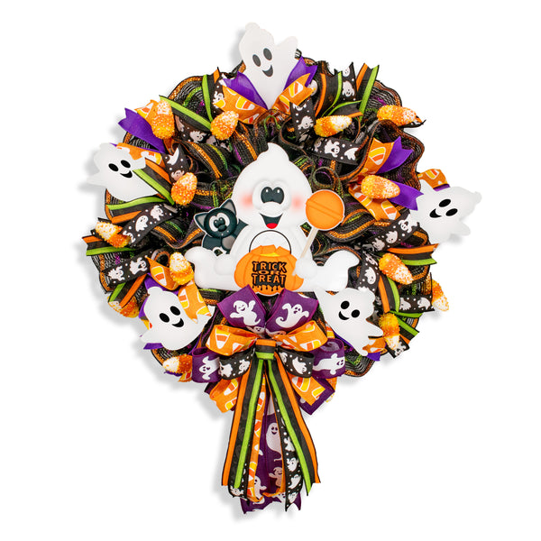 Halloween wreath, ghost wreath, lighted wreath, trick or treat, front door wreath, door, hanger. W21014A