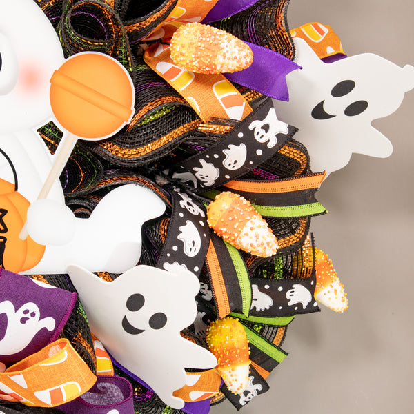 Halloween wreath, ghost wreath, lighted wreath, trick or treat, front door wreath, door, hanger. W21014A