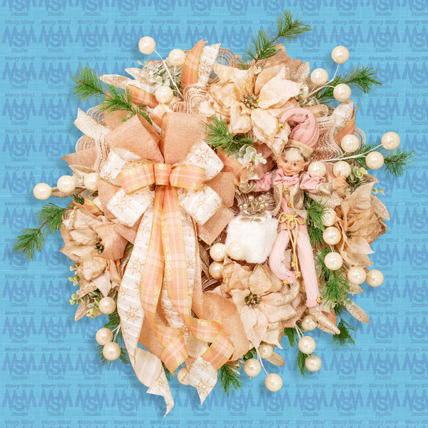 Christmas 28" glam wreath with a whimsical decorative elf, plush package, velvet poinsettias, ball sprays, and evergreens. W21106A
