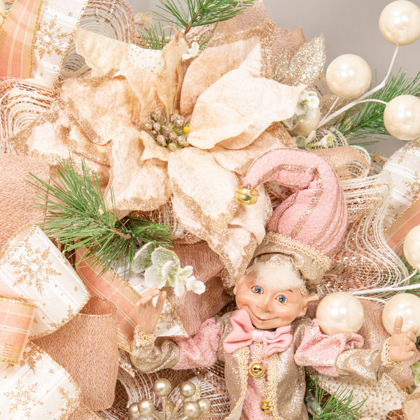 Christmas 28" glam wreath with a whimsical decorative elf, plush package, velvet poinsettias, ball sprays, and evergreens. W21106A
