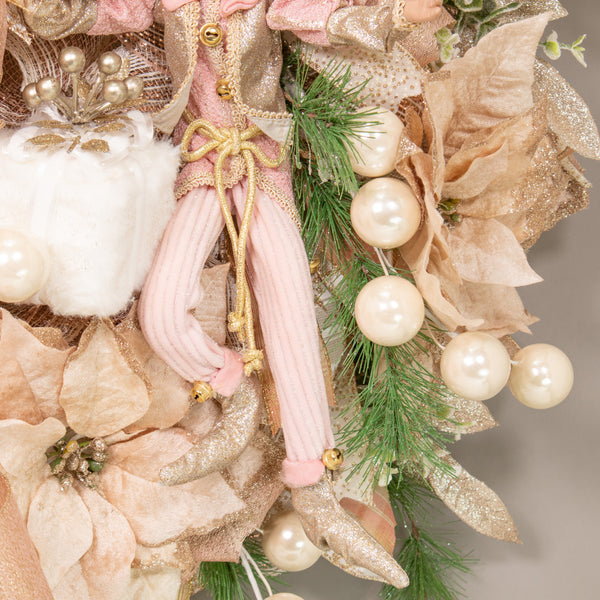 Christmas 28" glam wreath with a whimsical decorative elf, plush package, velvet poinsettias, ball sprays, and evergreens. W21106A