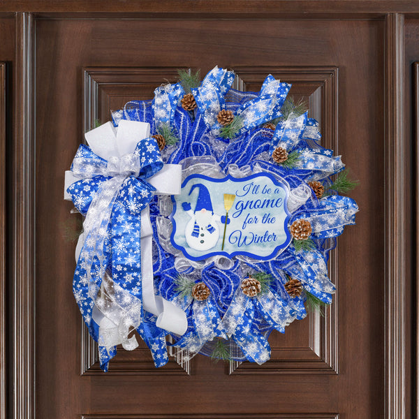 Gnome snowman wreath 26" blue and white with snow flocked pine sprigs and real pine cones. For door or wall. W21117A