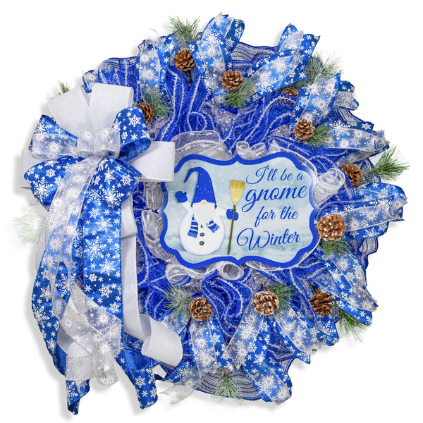 Gnome snowman wreath 26" blue and white with snow flocked pine sprigs and real pine cones. For door or wall. W21117A