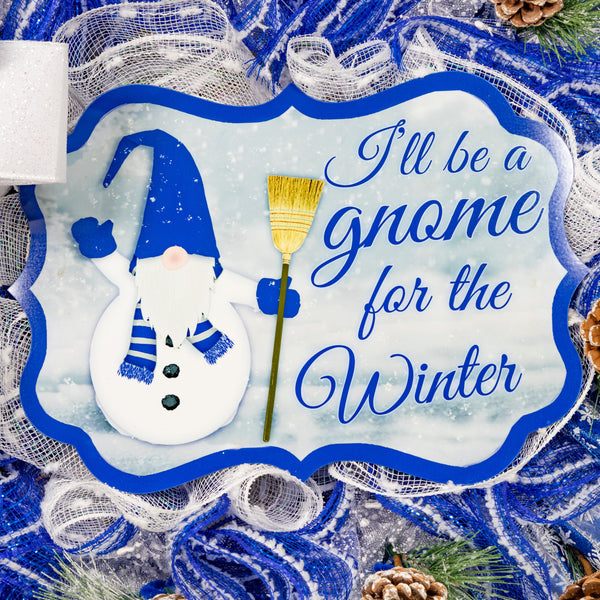 Gnome snowman wreath 26" blue and white with snow flocked pine sprigs and real pine cones. For door or wall. W21117A