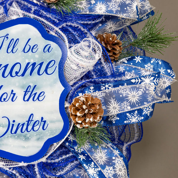 Gnome snowman wreath 26" blue and white with snow flocked pine sprigs and real pine cones. For door or wall. W21117A