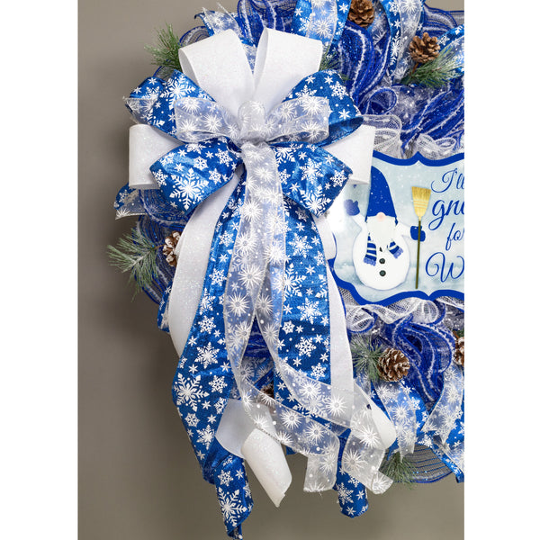 Gnome snowman wreath 26" blue and white with snow flocked pine sprigs and real pine cones. For door or wall. W21117A