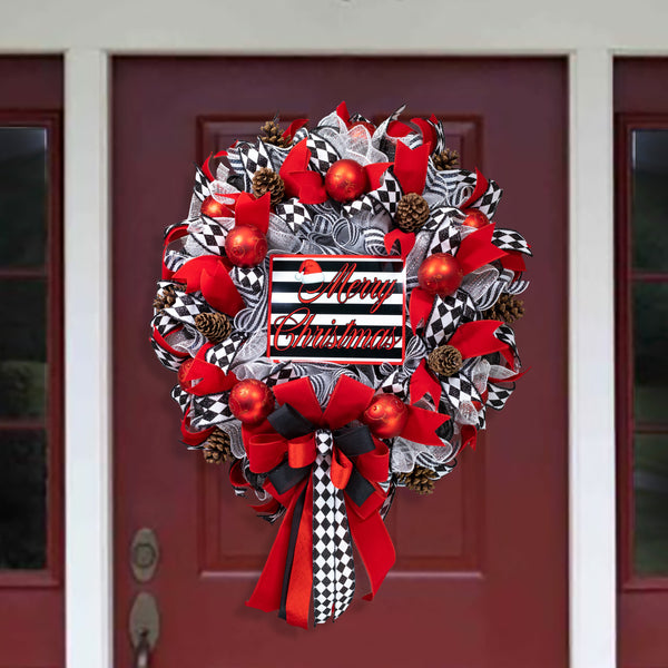 Christmas wreath luxurious, dazzling, full-bodied, XL 29" x 41" in a stunning red black motif with red balls and real pine cones.  W21127A