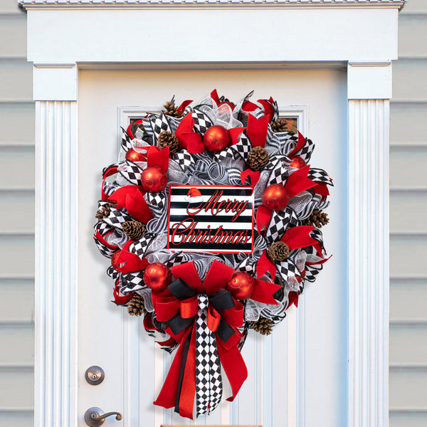 Christmas wreath luxurious, dazzling, full-bodied, XL 29" x 41" in a stunning red black motif with red balls and real pine cones.  W21127A
