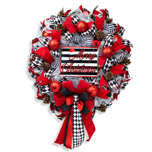 Christmas wreath luxurious, dazzling, full-bodied, XL 29" x 41" in a stunning red black motif with red balls and real pine cones.  W21127A