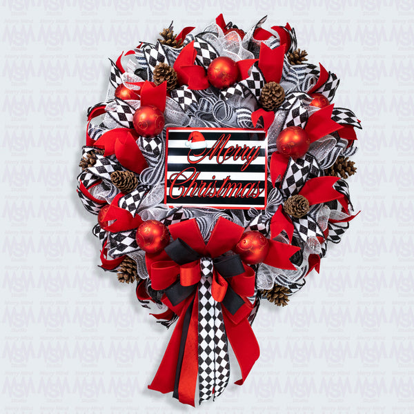 Christmas wreath luxurious, dazzling, full-bodied, XL 29" x 41" in a stunning red black motif with red balls and real pine cones.  W21127A