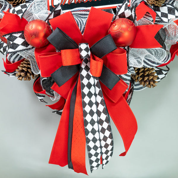 Christmas wreath luxurious, dazzling, full-bodied, XL 29" x 41" in a stunning red black motif with red balls and real pine cones.  W21127A