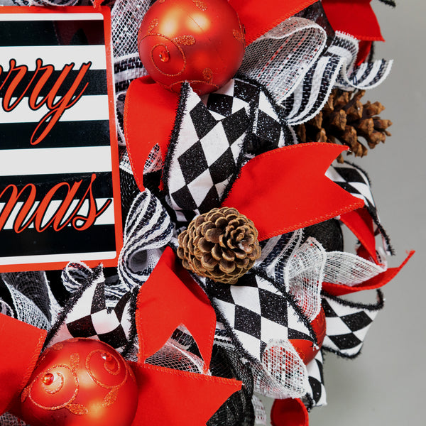 Christmas wreath luxurious, dazzling, full-bodied, XL 29" x 41" in a stunning red black motif with red balls and real pine cones.  W21127A