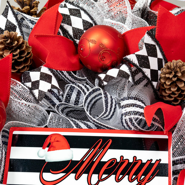 Christmas wreath luxurious, dazzling, full-bodied, XL 29" x 41" in a stunning red black motif with red balls and real pine cones.  W21127A