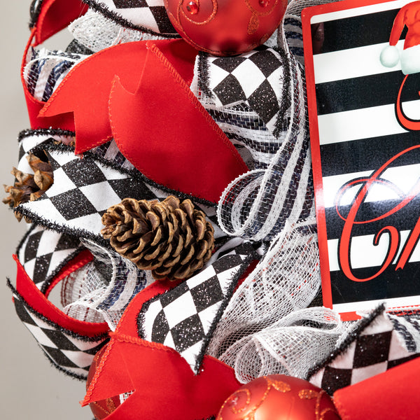 Christmas wreath luxurious, dazzling, full-bodied, XL 29" x 41" in a stunning red black motif with red balls and real pine cones.  W21127A