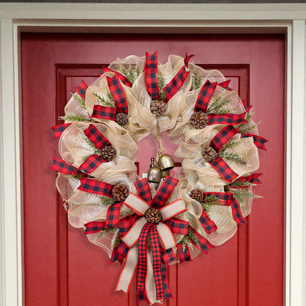 Christmas wreath, 25" with real bells, premium buffalo plaid ribbon, real pine cones. W211204A
