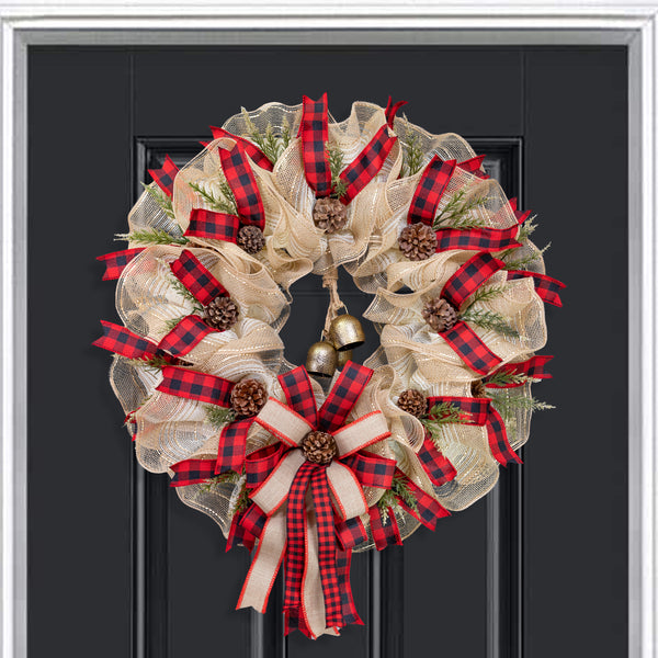Christmas wreath, 25" with real bells, premium buffalo plaid ribbon, real pine cones. W211204A