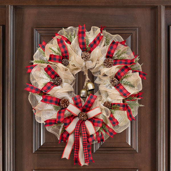 Christmas wreath, 25" with real bells, premium buffalo plaid ribbon, real pine cones. W211204A
