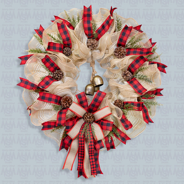 Christmas wreath, 25" with real bells, premium buffalo plaid ribbon, real pine cones. W211204A