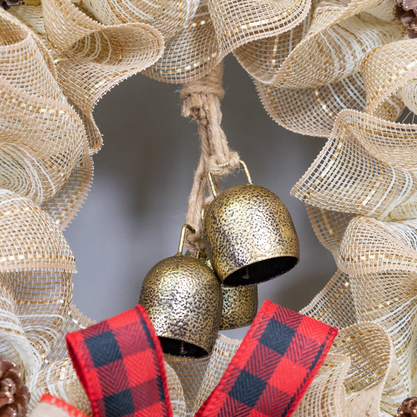 Christmas wreath, 25" with real bells, premium buffalo plaid ribbon, real pine cones. W211204A
