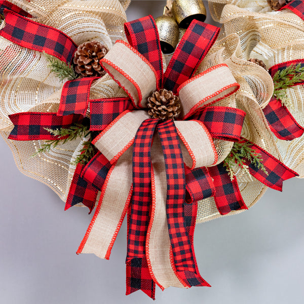 Christmas wreath, 25" with real bells, premium buffalo plaid ribbon, real pine cones. W211204A