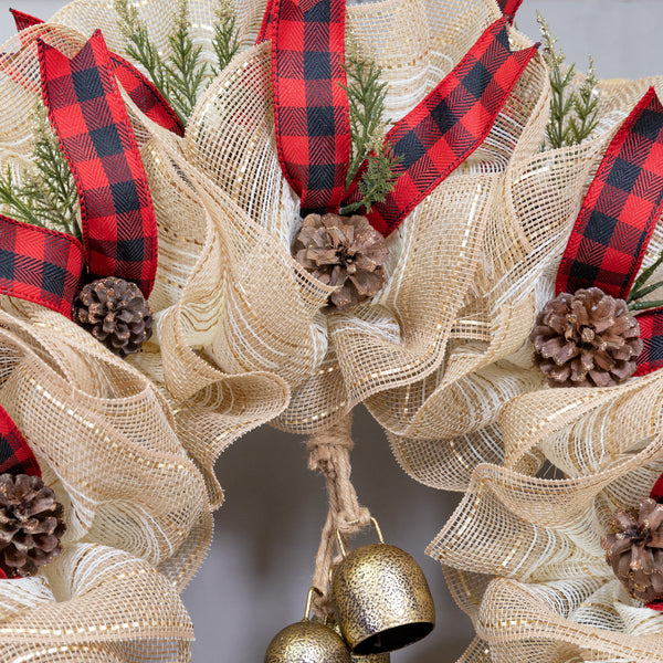 Christmas wreath, 25" with real bells, premium buffalo plaid ribbon, real pine cones. W211204A