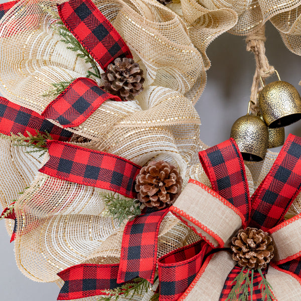 Christmas wreath, 25" with real bells, premium buffalo plaid ribbon, real pine cones. W211204A