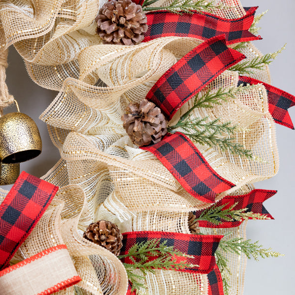 Christmas wreath, 25" with real bells, premium buffalo plaid ribbon, real pine cones. W211204A