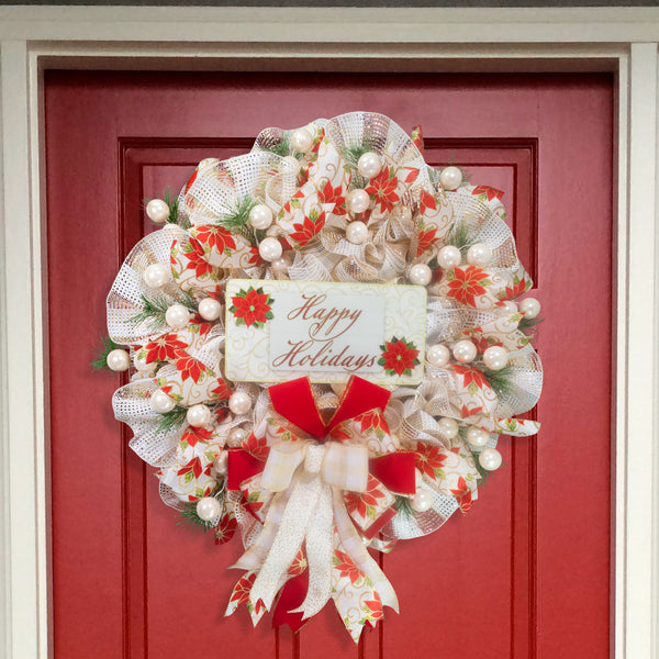Happy Holidays Christmas season glam wreath, poinsettia motif, full bodied 27in, premium pattern ribbons, ball ornaments, greenery. W21211A