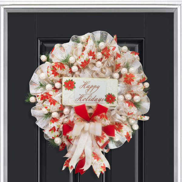 Happy Holidays Christmas season glam wreath, poinsettia motif, full bodied 27in, premium pattern ribbons, ball ornaments, greenery. W21211A
