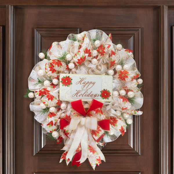 Happy Holidays Christmas season glam wreath, poinsettia motif, full bodied 27in, premium pattern ribbons, ball ornaments, greenery. W21211A